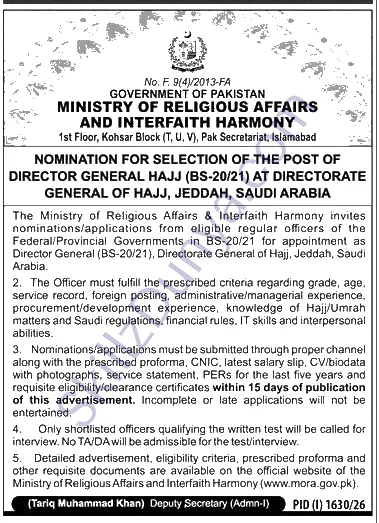Ministry of Foreign Affairs (MOFA) Jobs 2026 — Director General Hajj Jeddah — Official Newspaper Advertisement | SkillzDunya