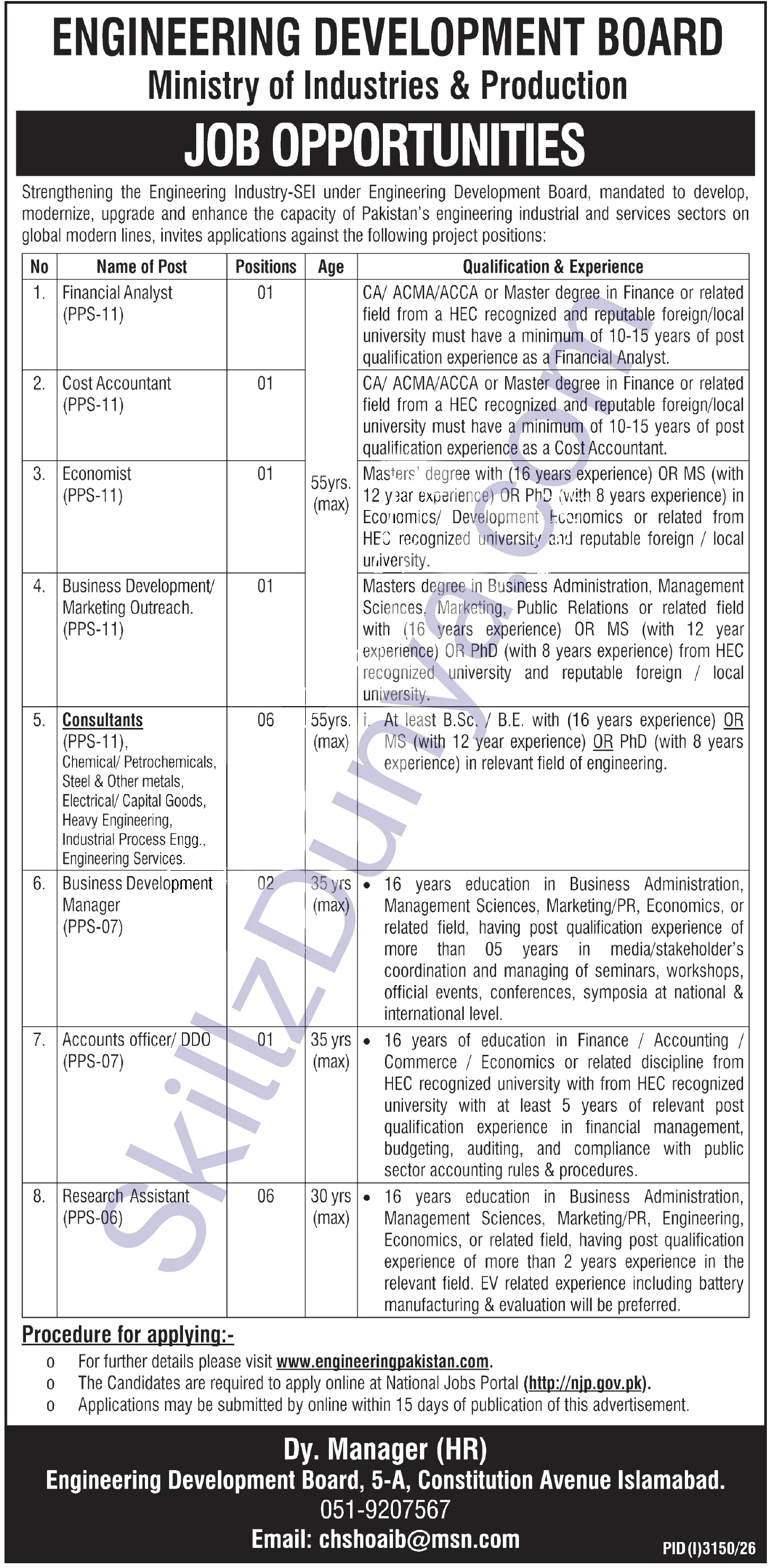 Ministry Of Industries And Production — Ministry of Industries and Production Islamabad Jobs 2026 — Consultants, Research Assistant & 6 More Posts Pakistan