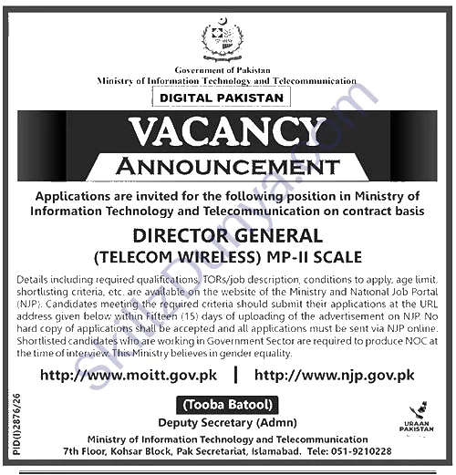 Ministry Of Information Technology And Telecom — Ministry of Information Technology and Telecom Islamabad Jobs 2026 — Director General (Telecom Wireless) Pakistan