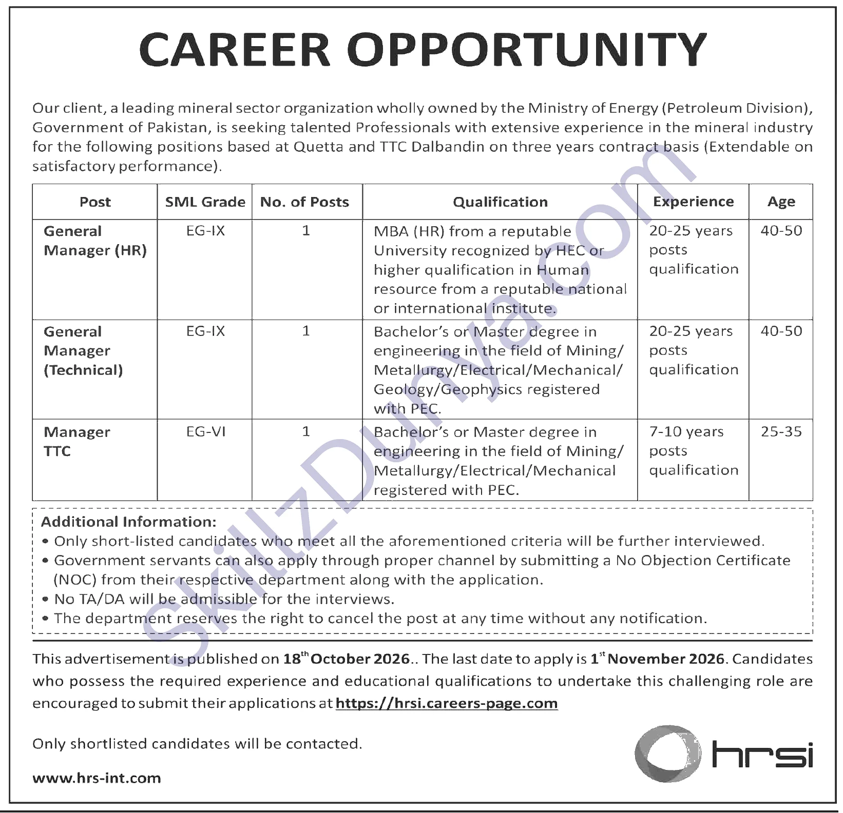 Ministry of Petroleum Quetta Jobs 2026 — General Manager (HR), General Manager (Technical), Manager TTC — Official Newspaper Advertisement | SkillzDunya