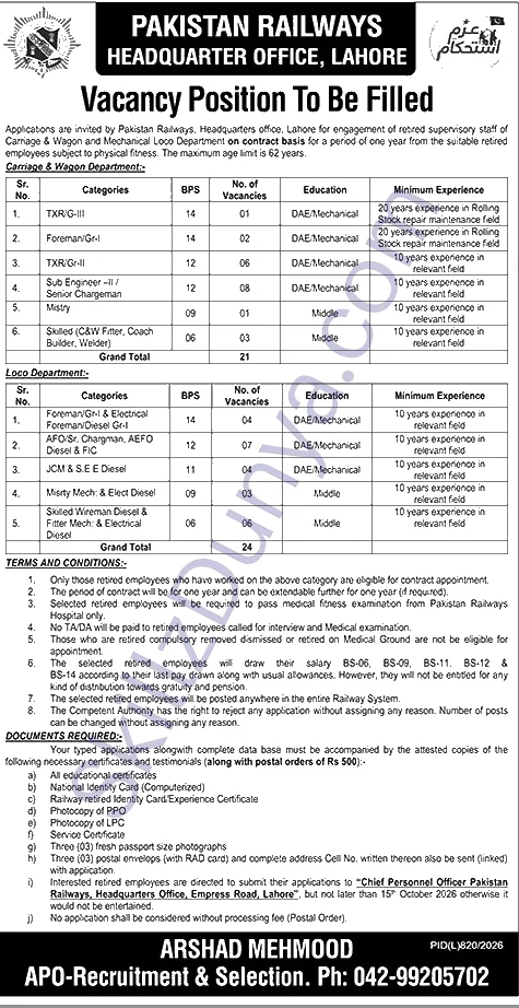 Ministry of Railways Lahore Jobs 2026 — Sub Engineer –II / Senior Chargeman, AFO/Sr. Chargeman, AEFO Diesel & FIC & 6 More Posts — Official Newspaper Advertisement | SkillzDunya