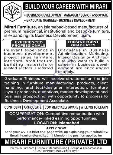 Mirari Furniture Islamabad — Mirari Furniture Islamabad Jobs 2026 — Business Development Manager, Senior Associate, Graduate Trainees - Business Development Pakistan