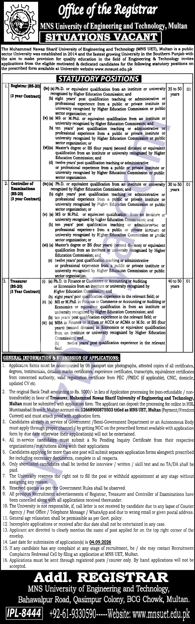 Nfc Institute Of Engineering Technology Multan — NFC Institute of Engineering & Technology Multan Jobs 2026 — Registrar (BS-20), Controller Examinations (BS-20), Treasurer (BS-20) Pakistan