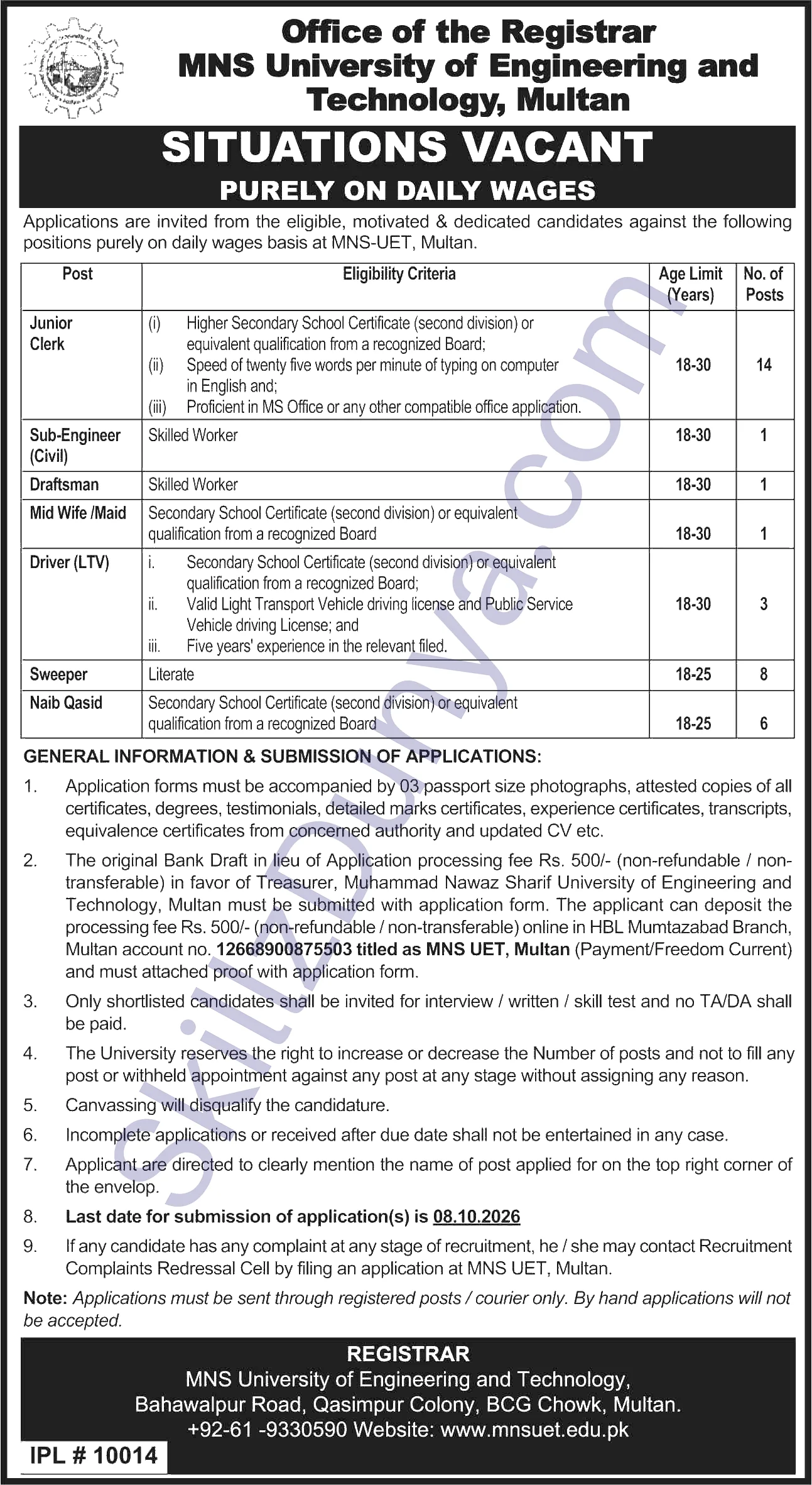 Mns University Of Engineering And Technology Multan — MNS University of Engineering and Technology Multan Jobs 2026 — Junior Clerk, Sweeper & 5 More Posts Pakistan