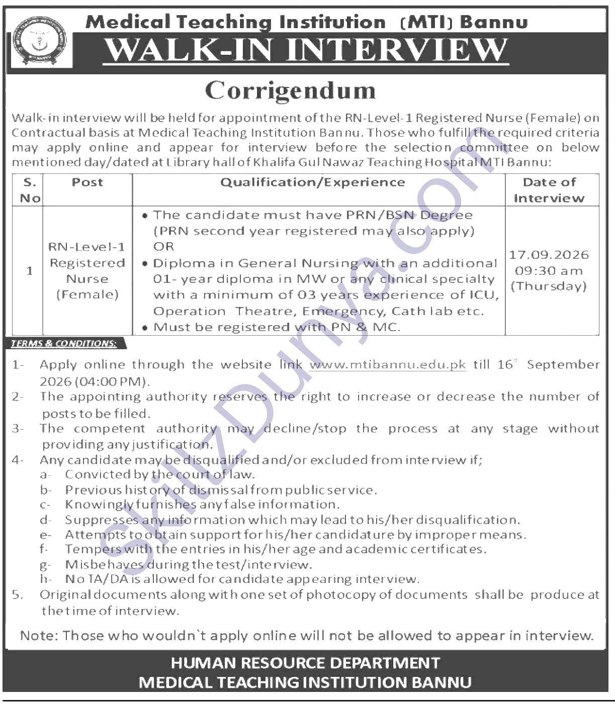 MTI Bannu Jobs 2026 — RN-Level-1 Registered Nurse (Female) | Walk-in Interview — Official Newspaper Advertisement | SkillzDunya