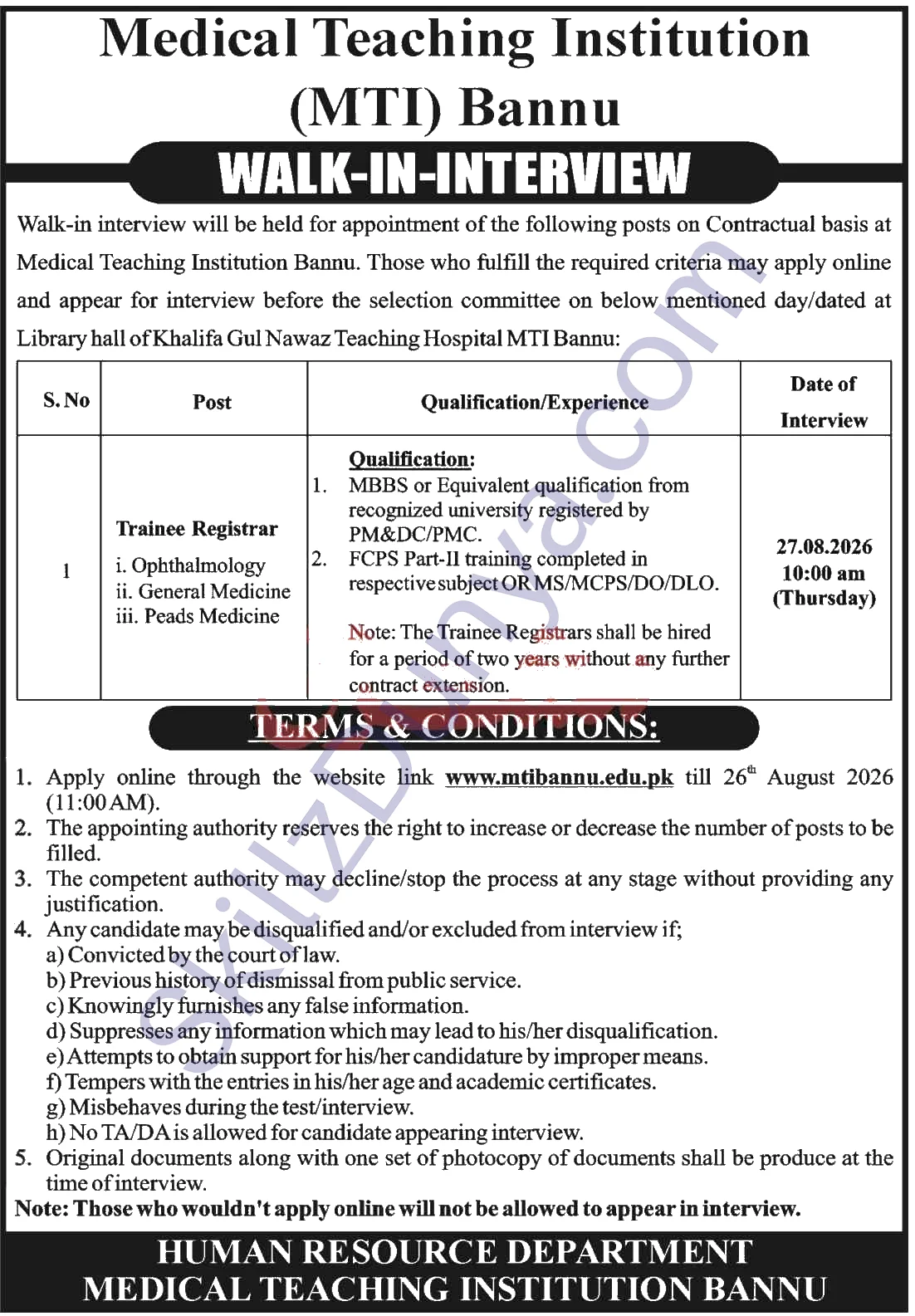 Mti Bannu — MTI Jobs 2026 — Trainee Registrars | Walk-in Interview Pakistan