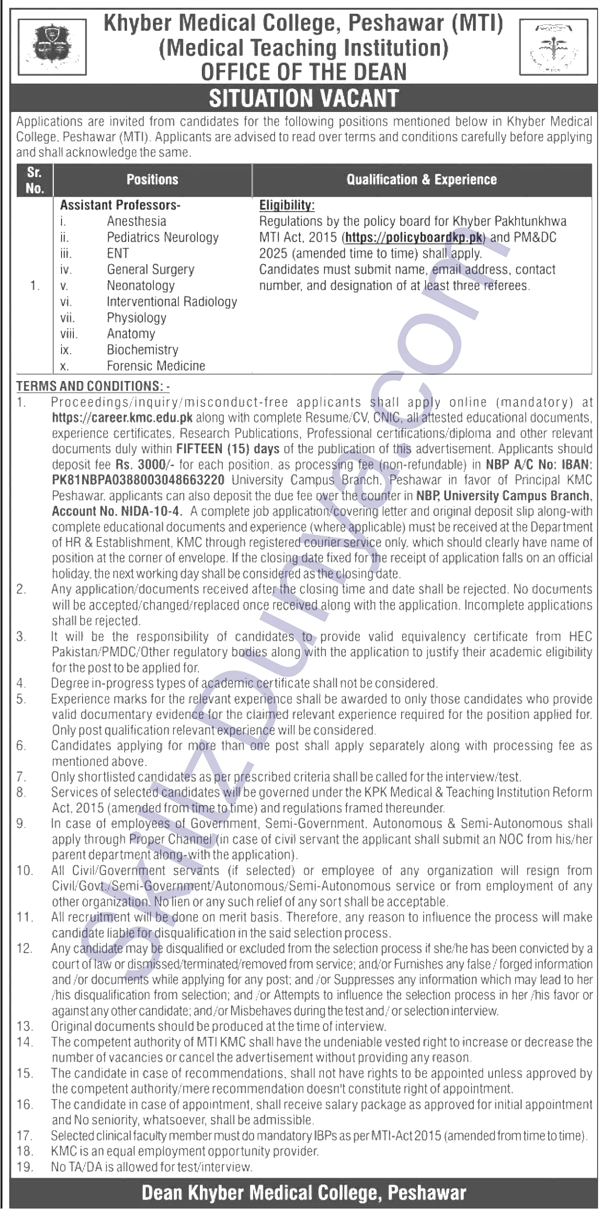 Khyber Medical College Peshawar Mti — Khyber Medical College Peshawar (MTI) Jobs 2026 — Assistant Professors (10 Specialties) Pakistan