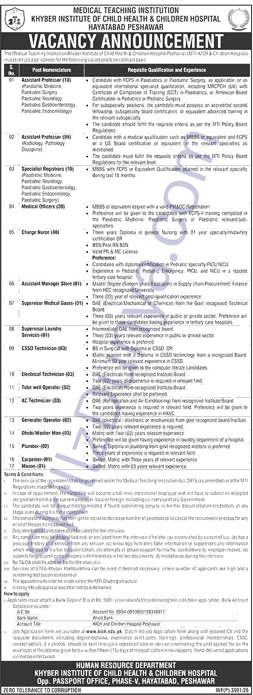MTI KICH Peshawar Jobs 2026 — Charge Nurse, Medical Officers & 14 More Posts — Official Newspaper Advertisement | SkillzDunya