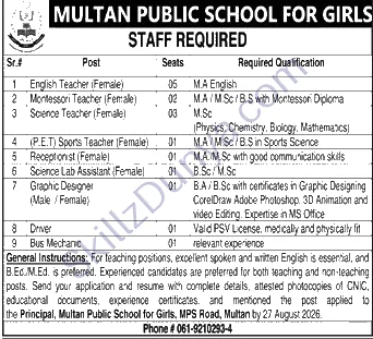 Multan Public School For Girls — Multan Public School for Girls Jobs 2026 — Girls Teaching, Non-Teaching MPS Multan Pakistan