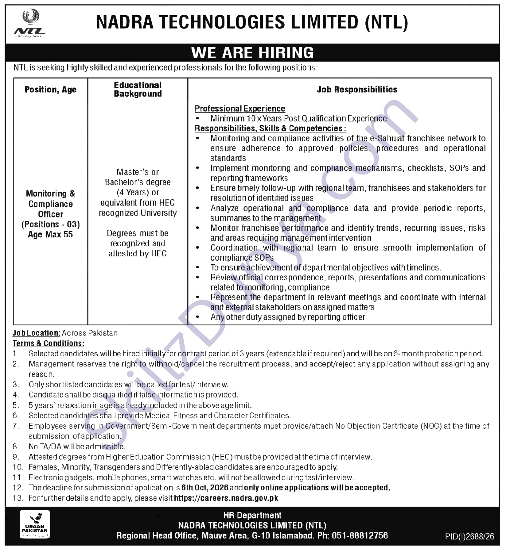 National Database & Registration Authority (NADRA) Islamabad Jobs 2026 — Monitoring & Compliance Officer — Official Newspaper Advertisement | SkillzDunya