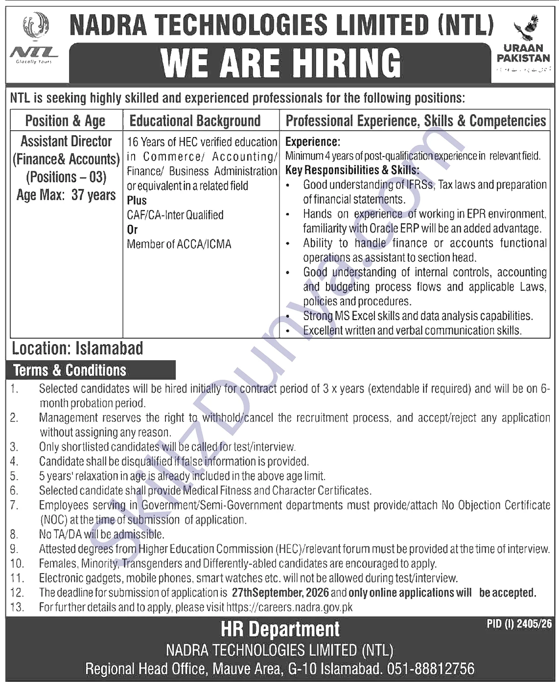 National Database & Registration Authority (NADRA) Jobs 2026 — Assistant Directors — Official Newspaper Advertisement | SkillzDunya