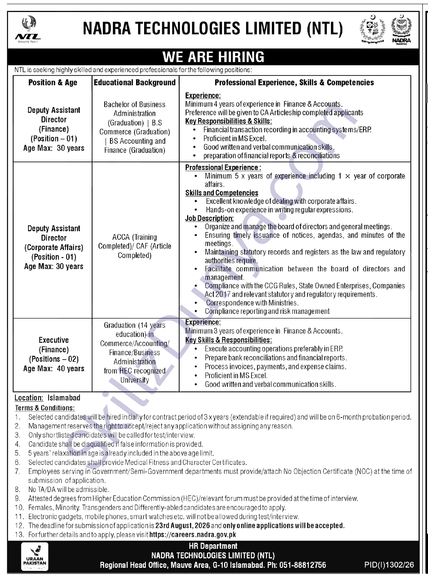 National Database & Registration Authority (NADRA) Jobs 2026 — Executives, Deputy Assistant Directors — Official Newspaper Advertisement | SkillzDunya