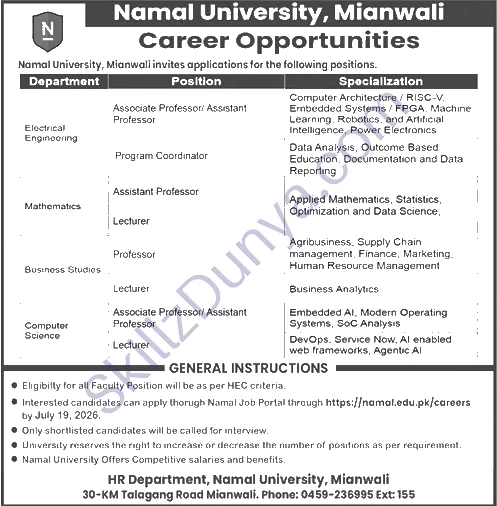 Namal University Jobs 2026 — Teaching Faculty — Official Newspaper Advertisement | SkillzDunya