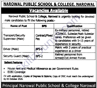 Narowal Public School College Narowal — Narowal Public School & College Jobs 2026 — Transport/Security Supervisor (Male), Driver (Male), Security Guard (Male) Pakistan