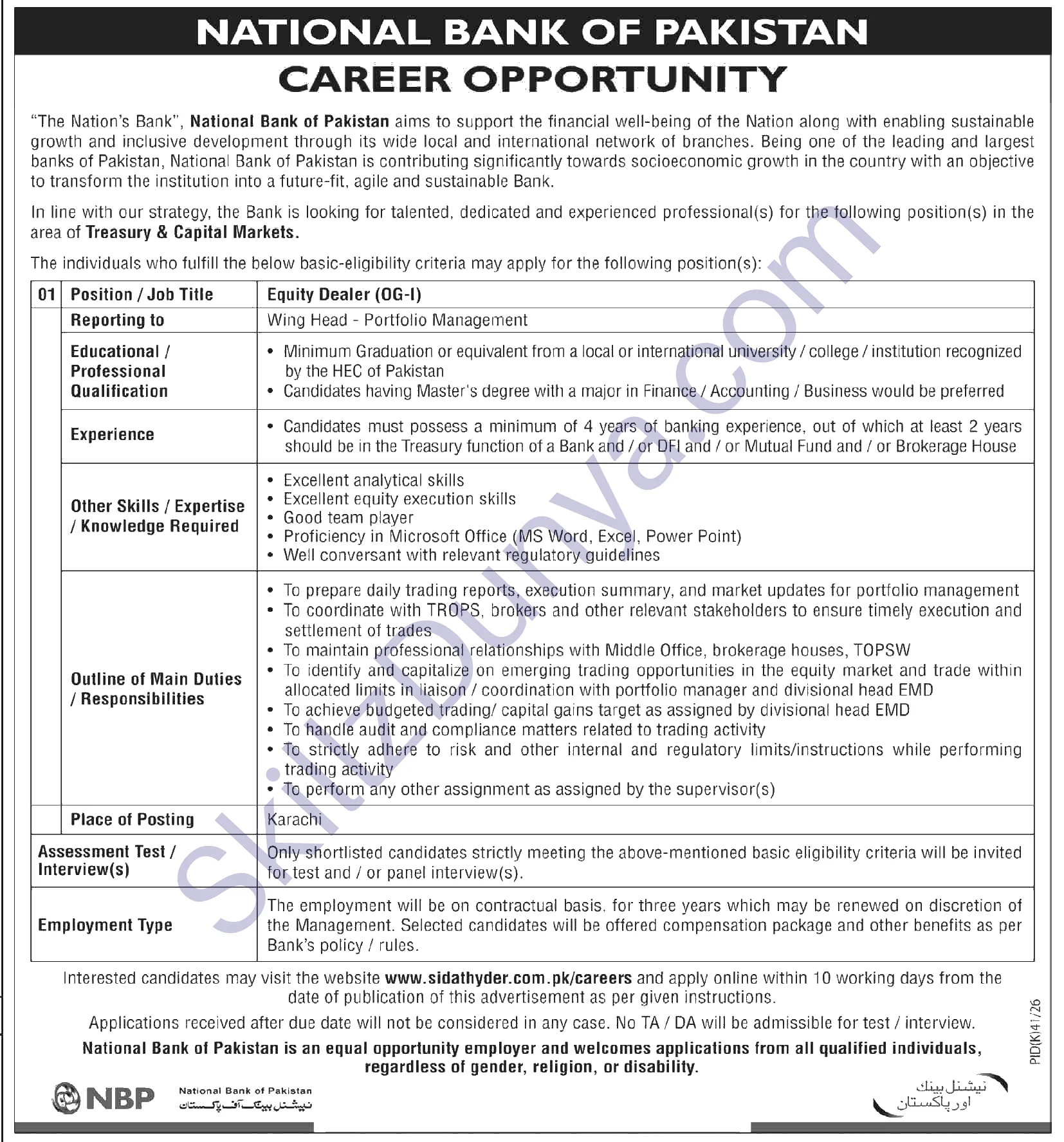 National Bank of Jobs 2026 — National Bank NBP Karachi — Official Newspaper Advertisement | SkillzDunya