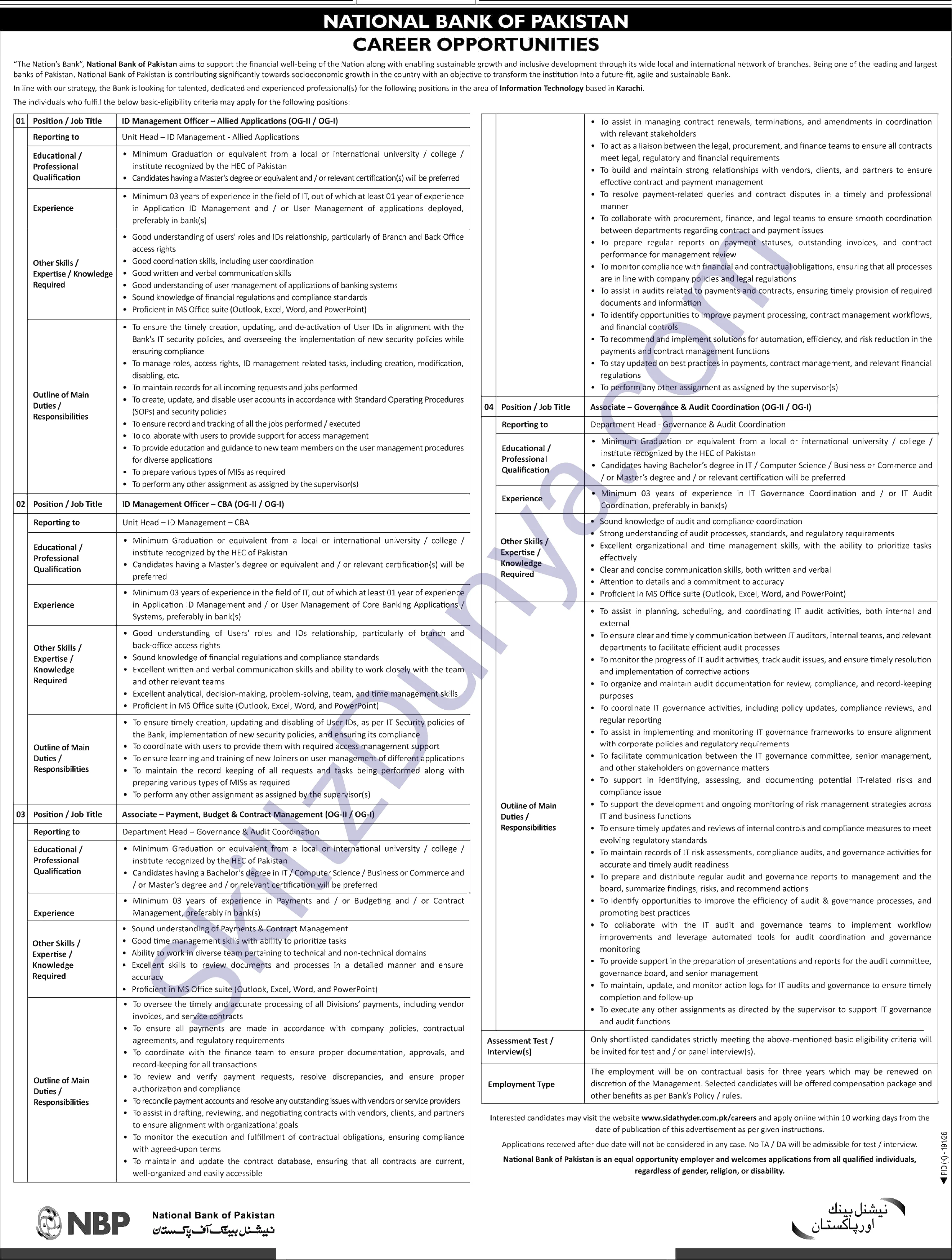 National Bank of Pakistan Jobs 2026 — ID Management Officers, Associates (OG-I, OG-II) — Official Newspaper Advertisement | SkillzDunya