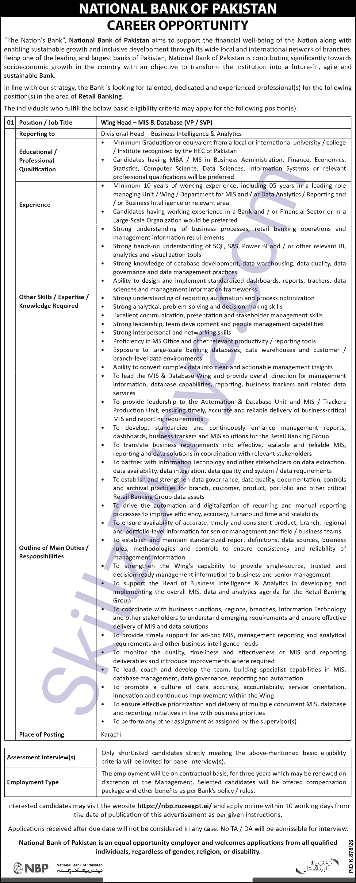 National Bank of Pakistan (NBP) Jobs 2026 — Wing Head Karachi — Official Newspaper Advertisement | SkillzDunya