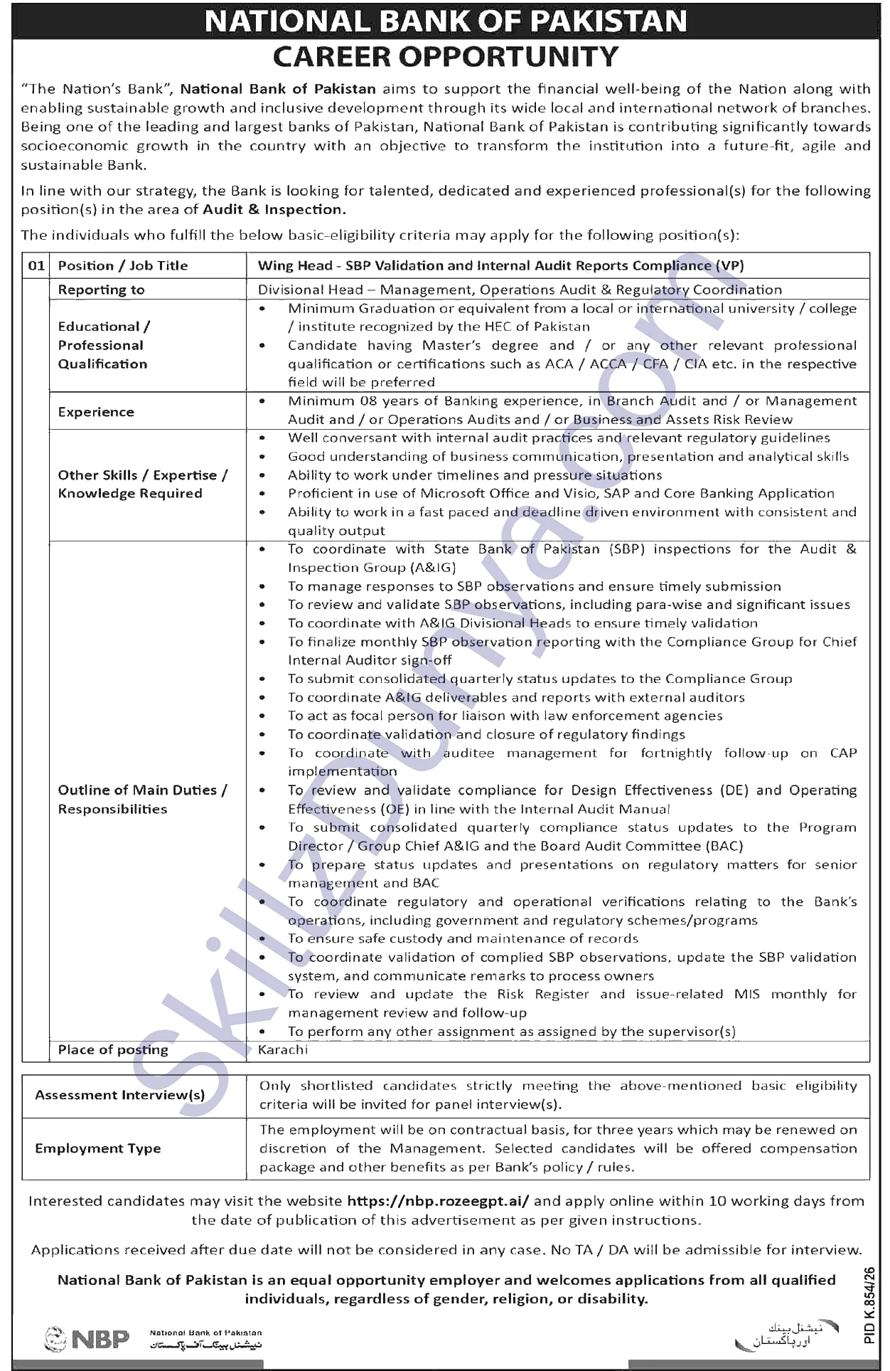 National Bank of Pakistan (NBP) Jobs 2026 — Wing Head — Official Newspaper Advertisement | SkillzDunya