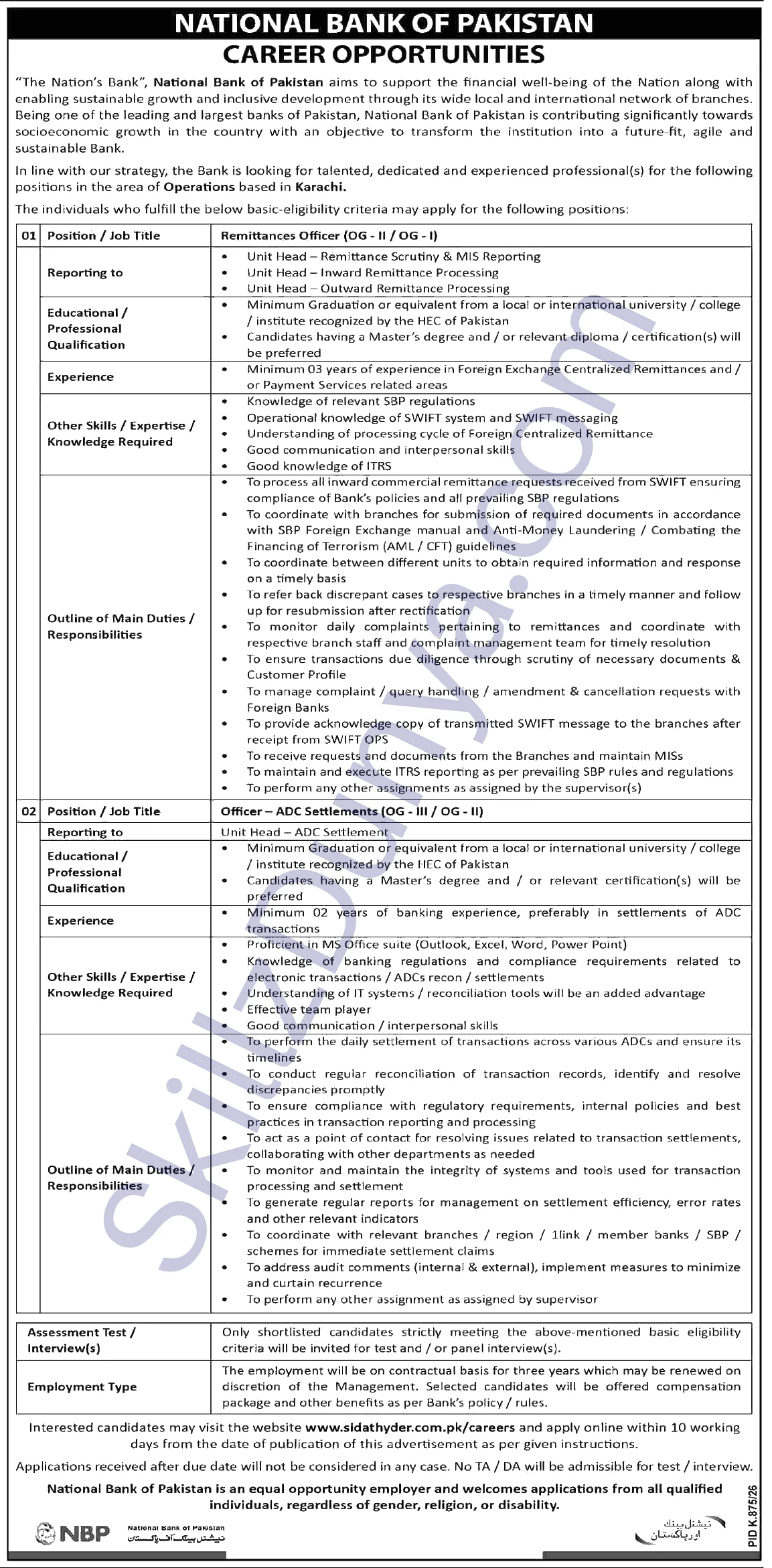 National Bank of Pakistan (NBP) Karachi Jobs 2026 — Remittances Officer (OG - II / OG - I) — Official Newspaper Advertisement | SkillzDunya