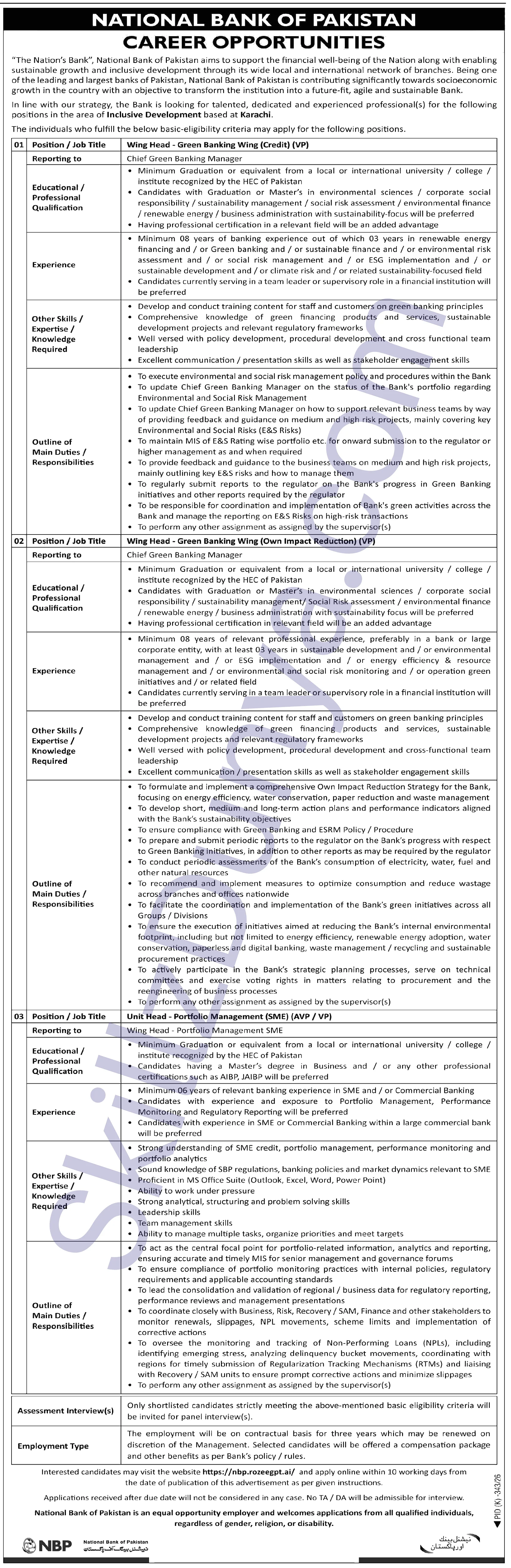 National Bank of Pakistan (NBP) Jobs 2026 — Wing Heads & Unit Head NBP — Official Newspaper Advertisement | SkillzDunya