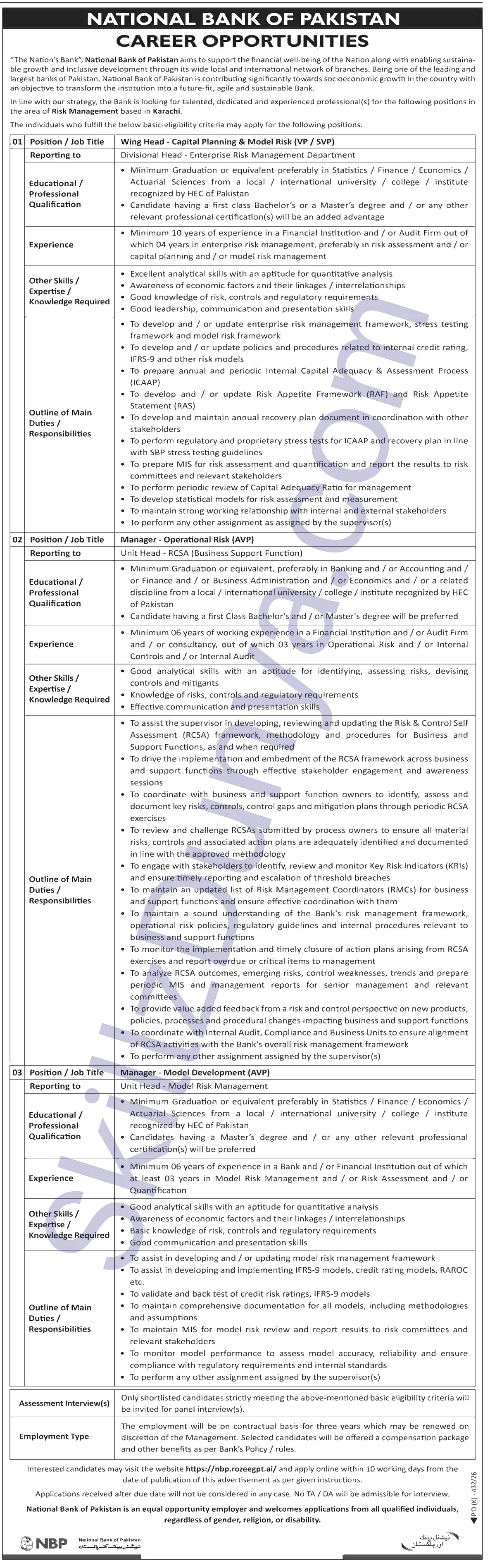 National Bank of Pakistan (NBP) Jobs 2026 — Managers, Wing Head National Bank — Official Newspaper Advertisement | SkillzDunya