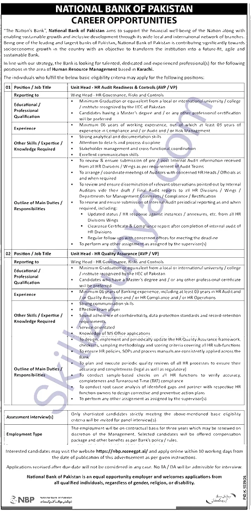 National Bank of Pakistan (NBP) Karachi Jobs 2026 — Unit Head - HR Quality Assurance — Official Newspaper Advertisement | SkillzDunya