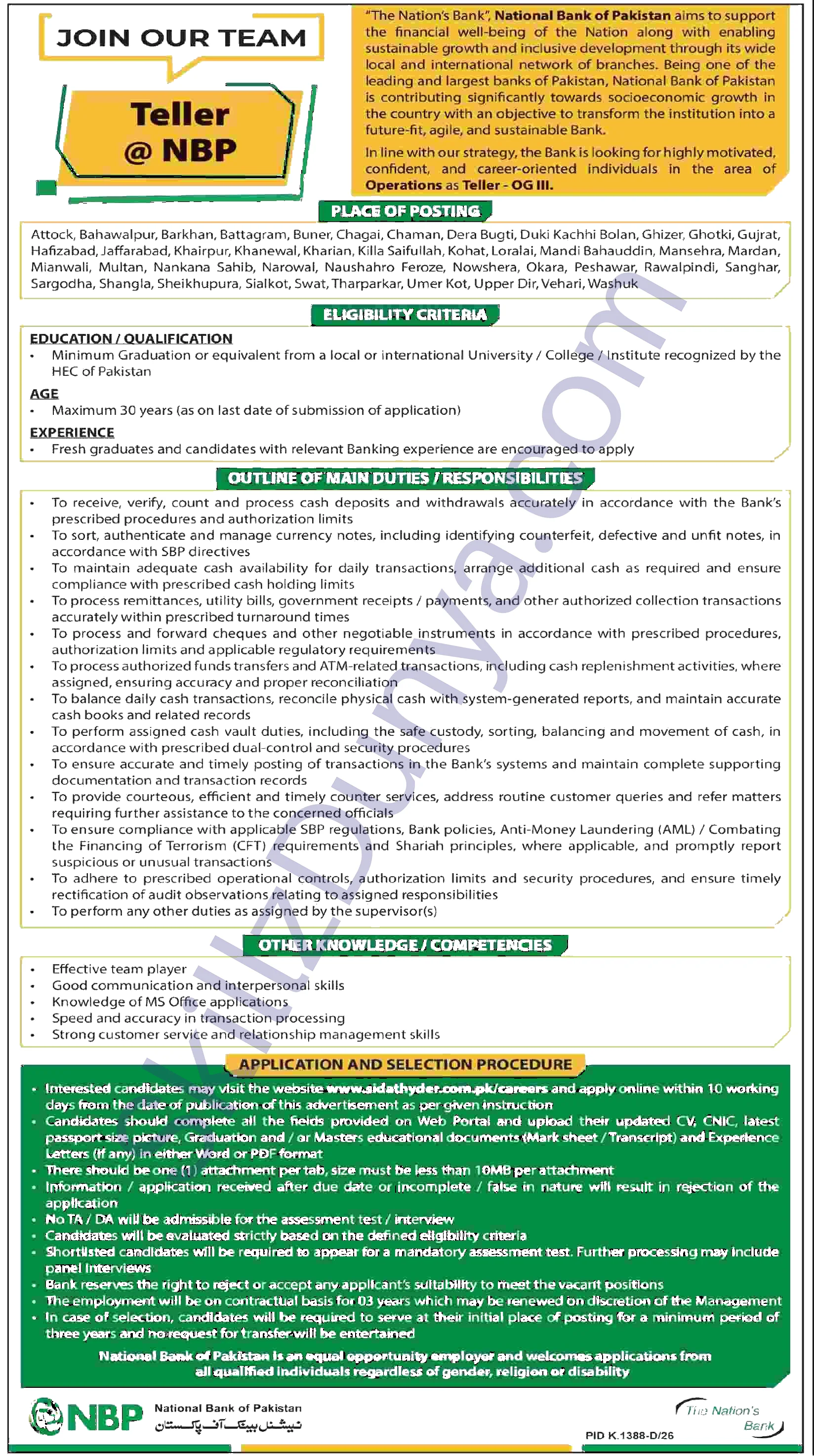 National Bank of Pakistan (NBP) Karachi Jobs 2026 — Teller - OG III — Official Newspaper Advertisement | SkillzDunya