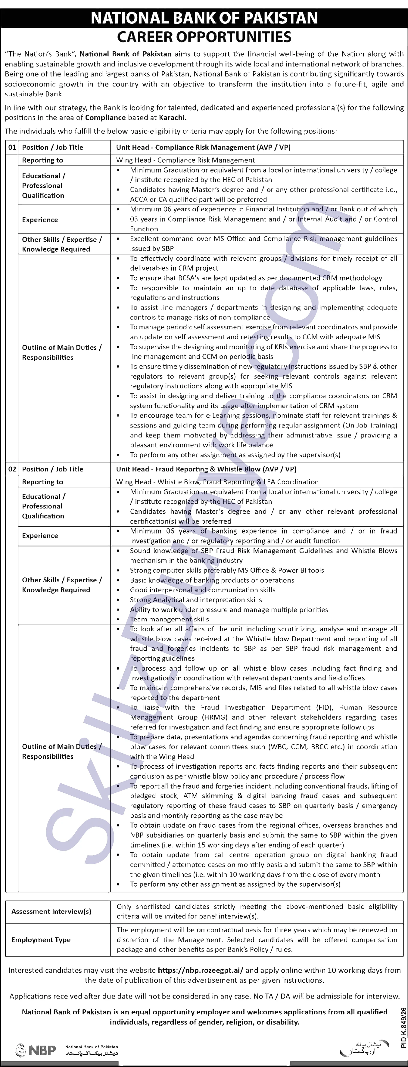 National Bank of Pakistan (NBP) Karachi Jobs 2026 — Official Newspaper Advertisement | SkillzDunya