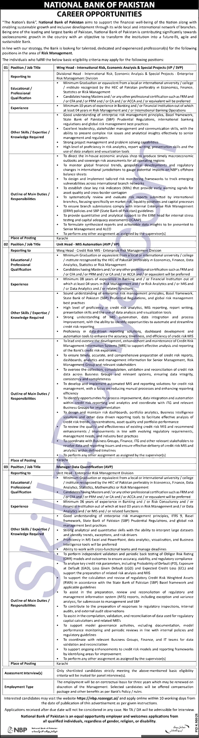 National Bank of Pakistan (NBP) Karachi Jobs 2026 — Unit Head - MIS Automation, Manager Data Quantification — Official Newspaper Advertisement | SkillzDunya