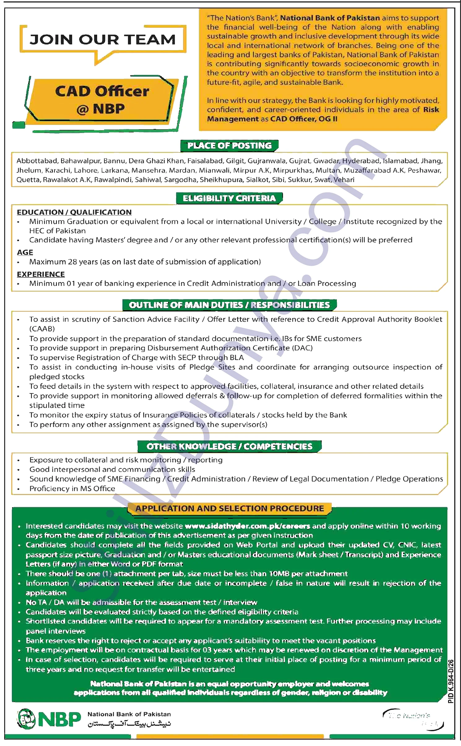 National Bank of Pakistan (NBP) Karachi Jobs 2026 — CAD Officer — Official Newspaper Advertisement | SkillzDunya