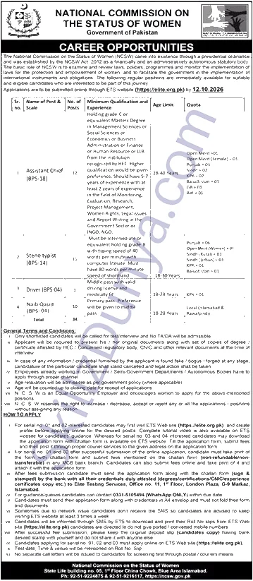 National Commission On The Status Of Women Islamabad — National Commission on the Status of Women Islamabad Jobs 2026 — Assistant Chief, Steno typist & 2 More Posts Pakistan