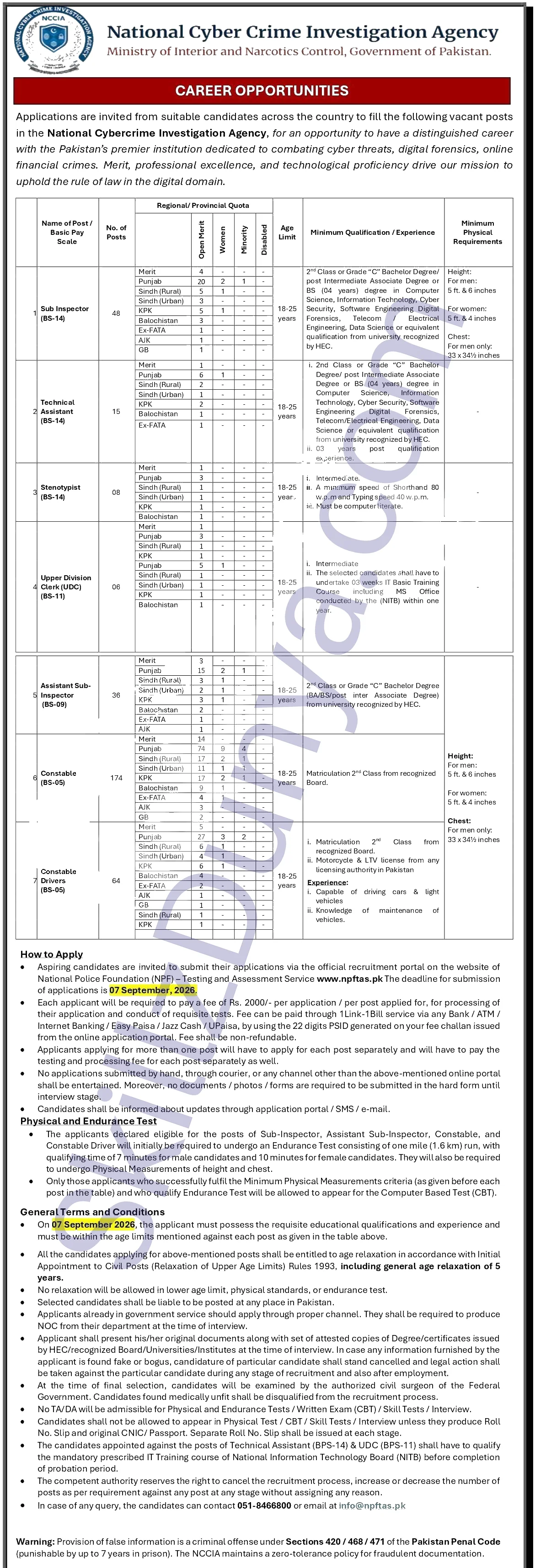 National Cyber Crime Investigation Agency — National Cyber Crime Investigation Agency (NCCIA) Islamabad Jobs 2026 — Constable (BS-05), Constable Drivers (BS-05) & 5 More Posts Pakistan