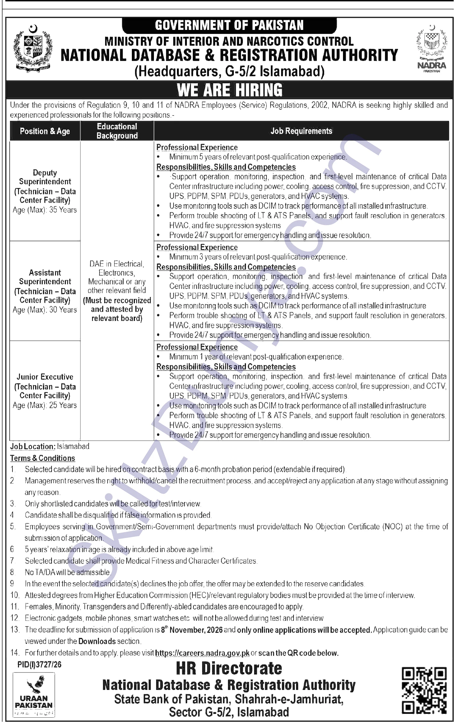 National Database & Registration Authority (NADRA) Islamabad Jobs 2026 — Official Newspaper Advertisement | SkillzDunya