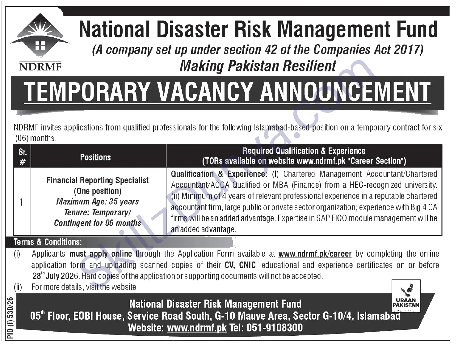 National Disaster Risk Management Fund (NDRMF) Islamabad Jobs 2026 — Financial Reporting Specialist — Official Newspaper Advertisement | SkillzDunya