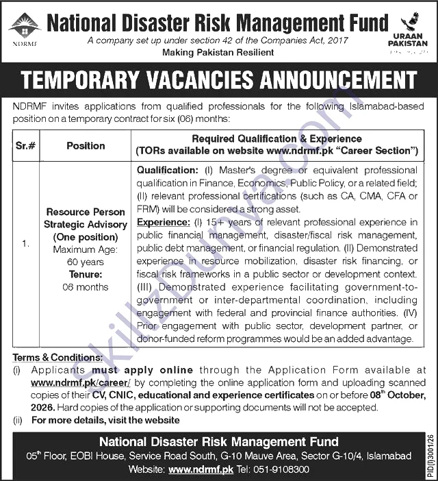 National Disaster Risk Management Fund (NDRMF) Islamabad Jobs 2026 — Resource Person Strategic Advisory — Official Newspaper Advertisement | SkillzDunya