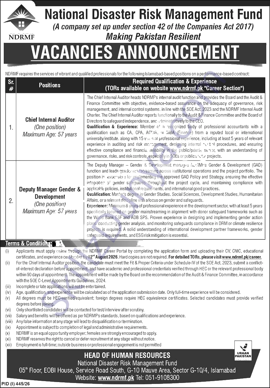 National Disaster Risk Management Fund (NDRMF) Islamabad Jobs 2026 — Chief Internal Auditor, Deputy Manager Gender & Development — Official Newspaper Advertisement | SkillzDunya