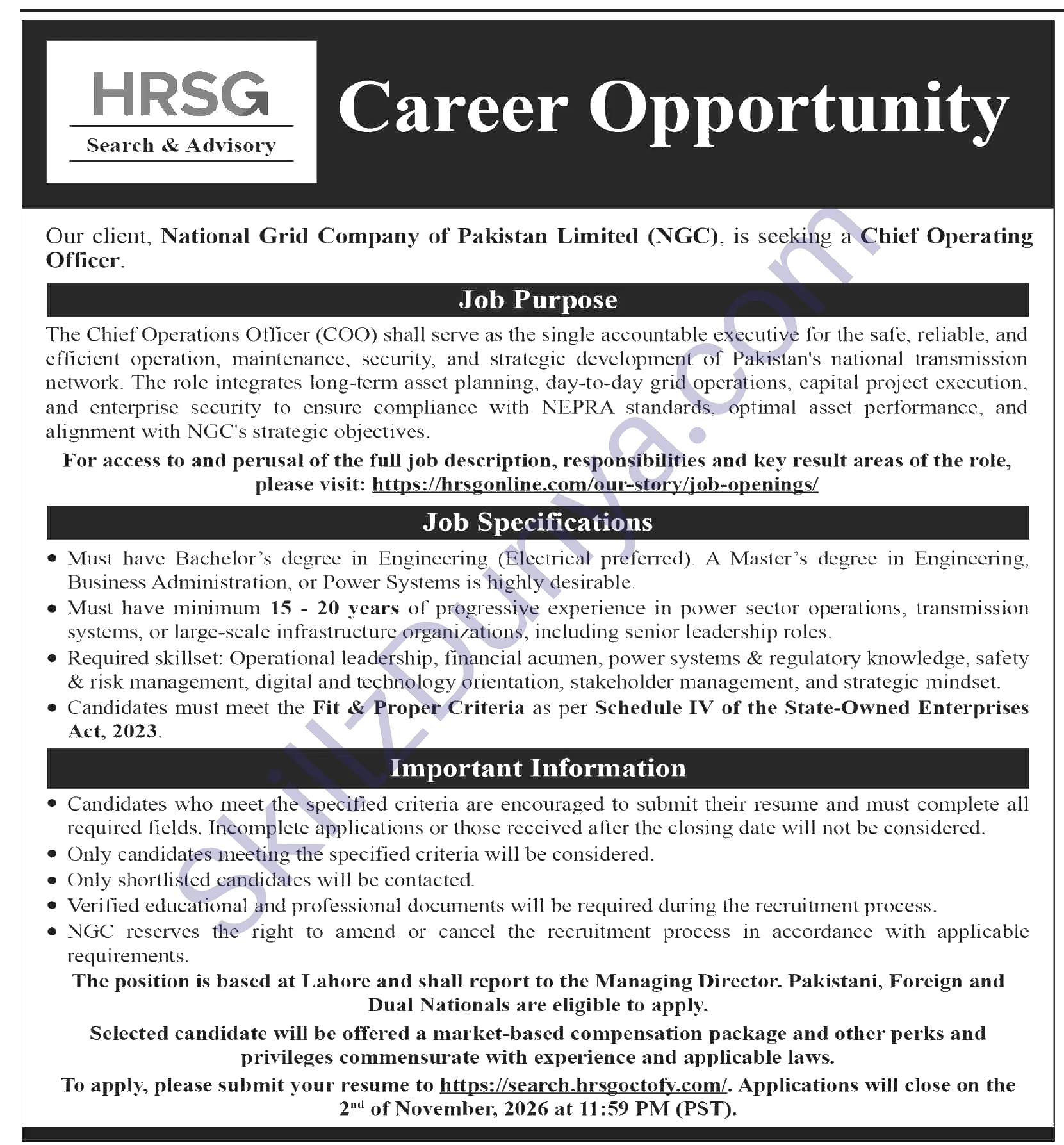 National Grid Company Lahore Jobs 2026 — Chief Operating Officer — Official Newspaper Advertisement | SkillzDunya