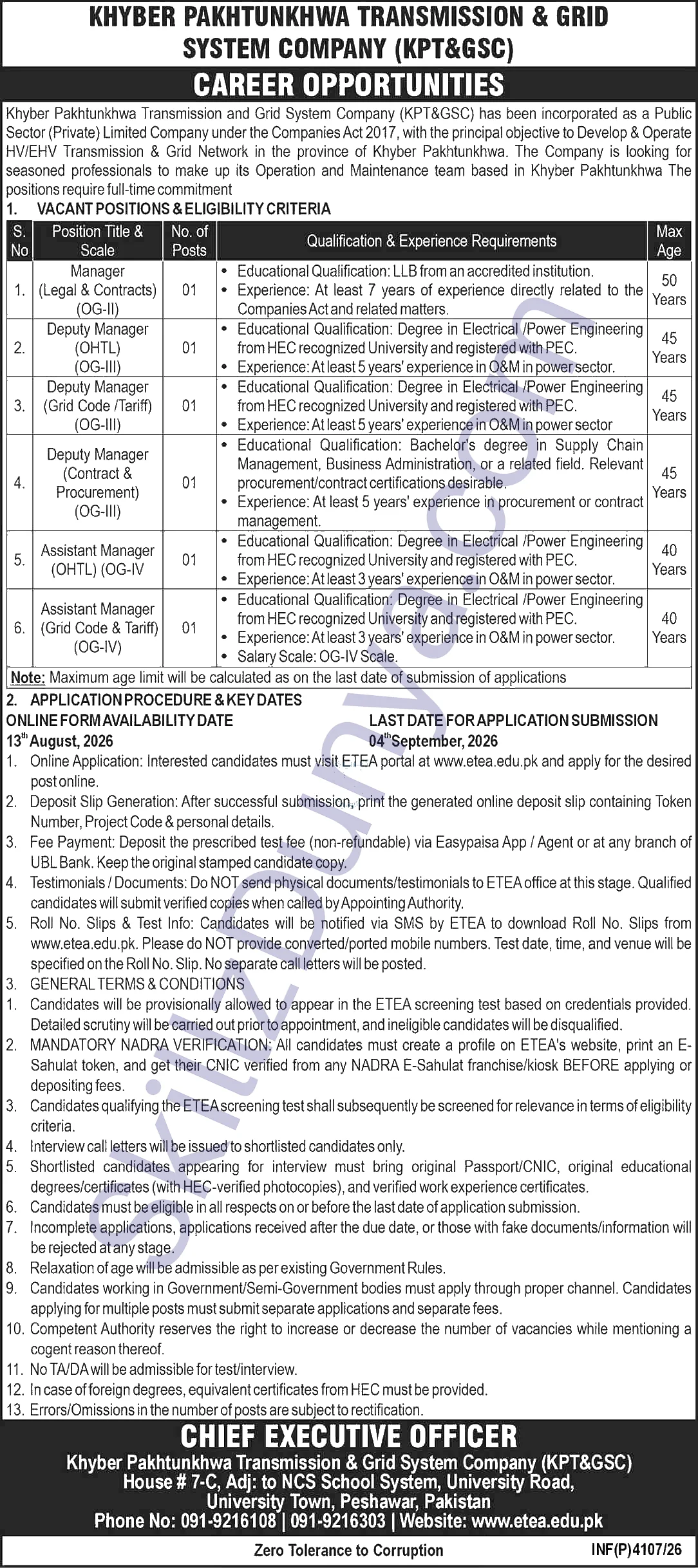 National Grid Company Peshawar Jobs 2026 — Manager (Legal & Contracts) (OG-II), Deputy Manager (OHTL) (OG-III), Assistant Manager (OHTL) (OG-IV) — Official Newspaper Advertisement | SkillzDunya