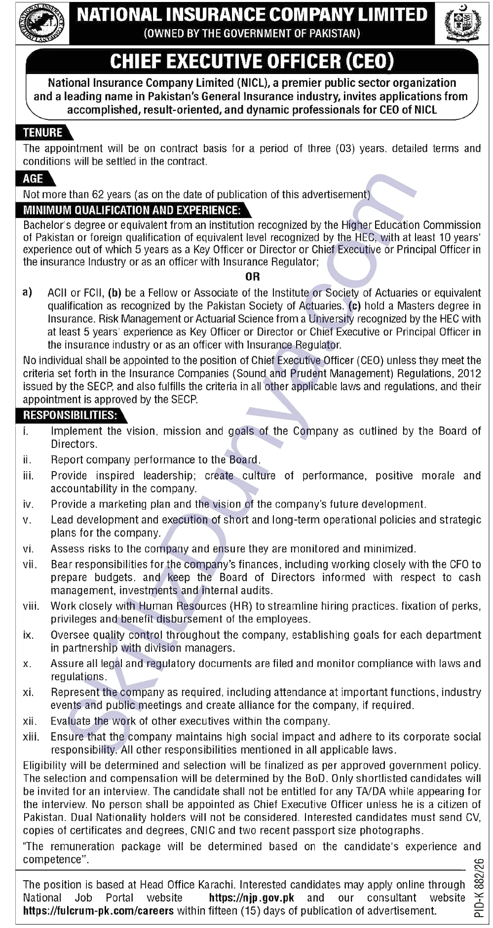 National Insurance Company Ltd (NICL) Karachi Jobs 2026 — Chief Executive Officer (CEO) — Official Newspaper Advertisement | SkillzDunya