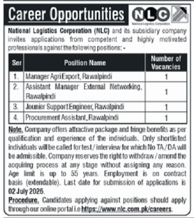 National Logistics Corporation (NLC) Jobs 2026 — Manager AgriExport, Rawalpindi, Jounier Support Engineer, Rawalpindi, Procurement Assistant, Rawalpindi 2026 — Official Newspaper Advertisement | SkillzDunya