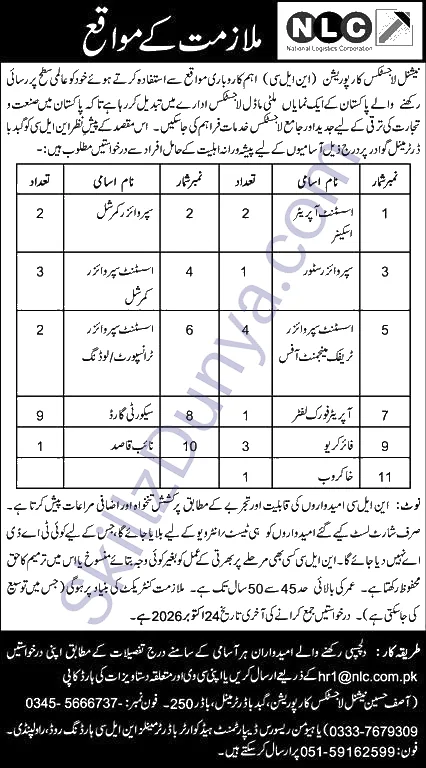 National Logistics Corporation (NLC) Rawalpindi Jobs 2026 — Security Guard, Assistant Supervisor Commercial & 8 More Posts — Official Newspaper Advertisement | SkillzDunya