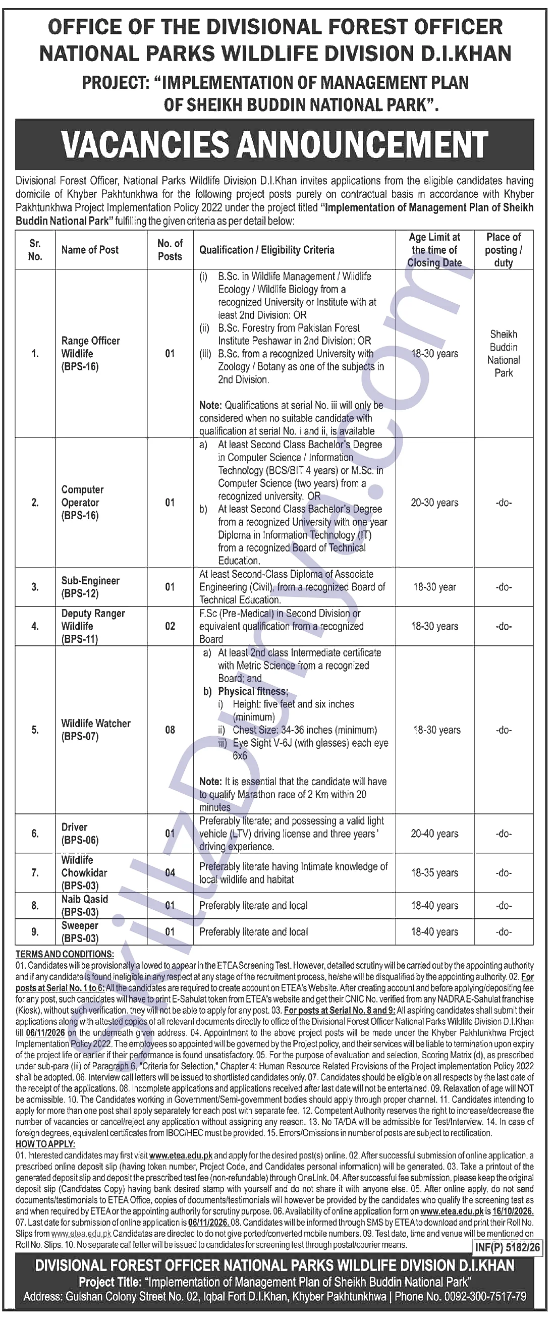 National Parks Wildlife Division Di Khan — National Parks Wildlife Division DI Khan Dera Ismail Khan Jobs 2026 — Wildlife Watcher, Wildlife Chowkidar & 7 More Posts Pakistan