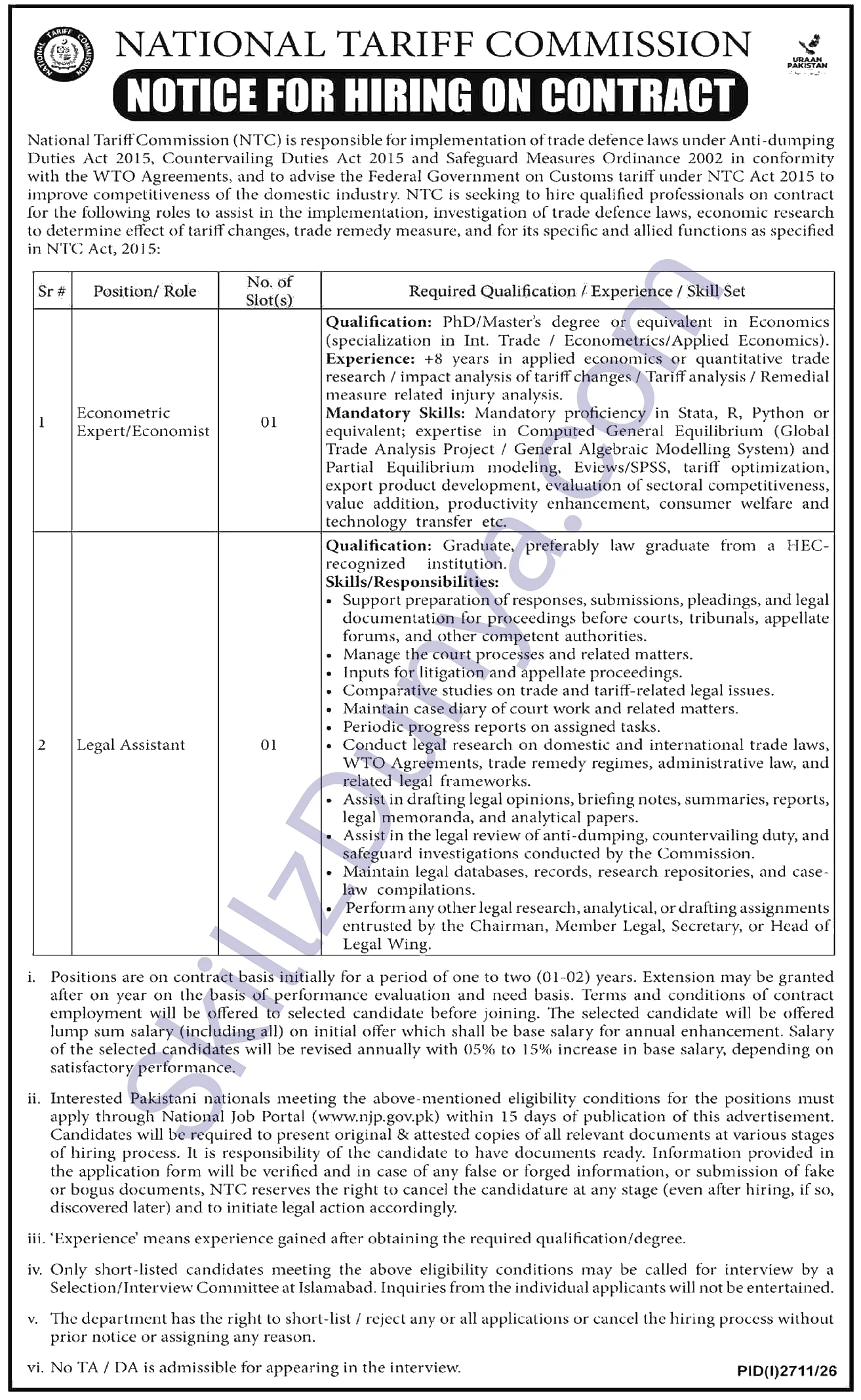 National Tariff Commission (NTC) Islamabad Jobs 2026 — Econometric Expert/Economist, Legal Assistant — Official Newspaper Advertisement | SkillzDunya