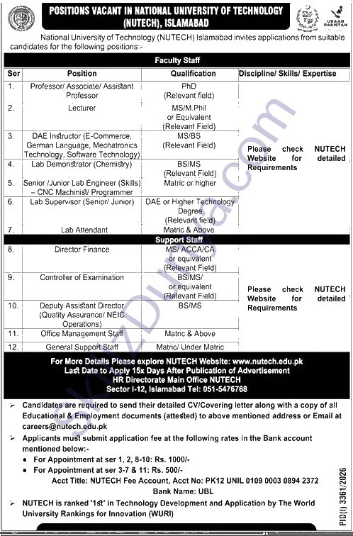 National University Of Technology Nutech Islamabad — National University of Technology NUTECH Islamabad Jobs 2026 — Lecturer, Lab Demonstrator (Chemistry) & 6 More Posts Pakistan