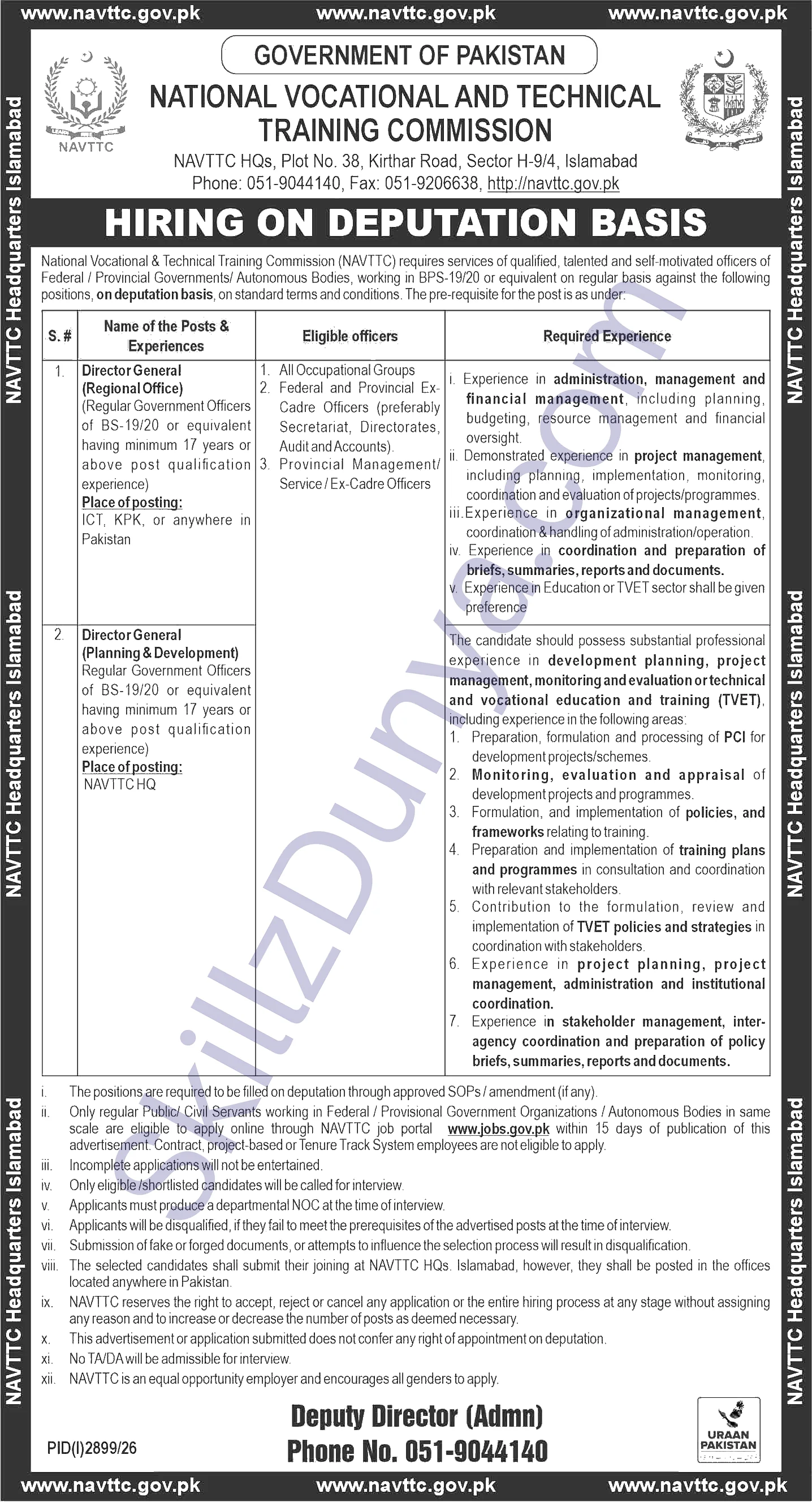 National Vocational and Technical Training Commission Islamabad Jobs 2026 — Director General (Regional Office) — Official Newspaper Advertisement | SkillzDunya