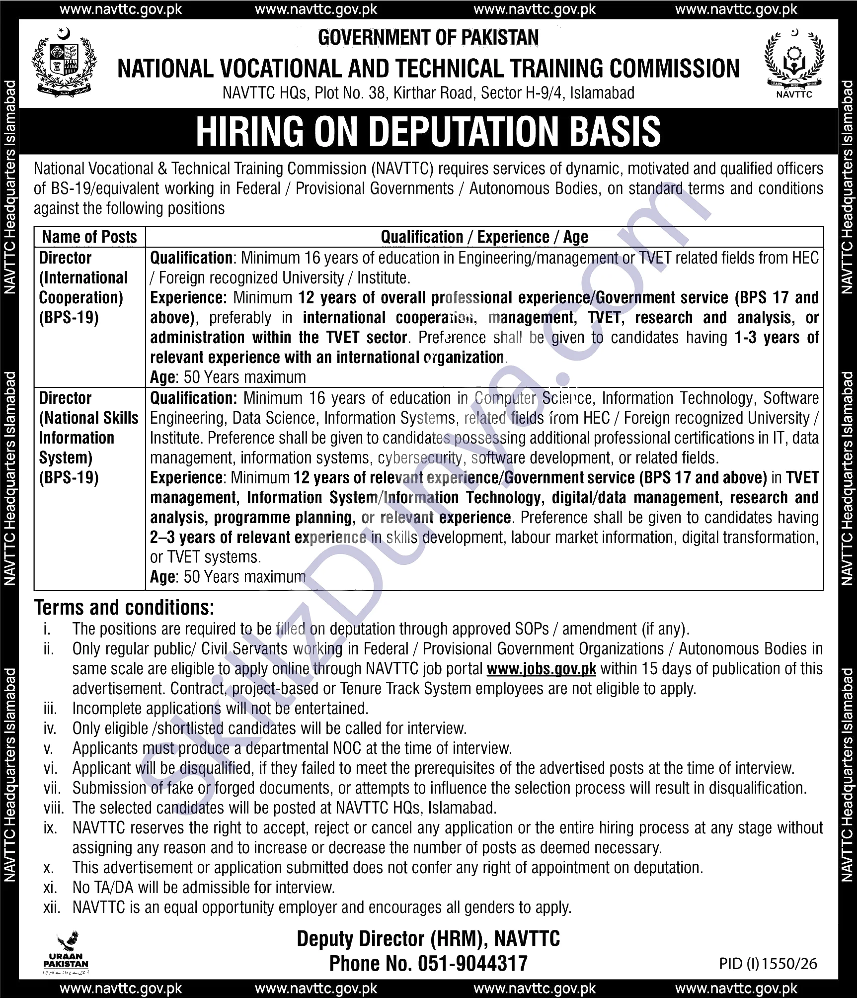 Navttc – National Vocational & Technical Training Commission Islamabad Jobs 2026 — Director (International Cooperation) — Official Newspaper Advertisement | SkillzDunya