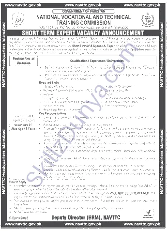 Navttc – National Vocational & Technical Training Commission Islamabad Jobs 2026 — Short Term AI & Agentic AI Expert — Official Newspaper Advertisement | SkillzDunya