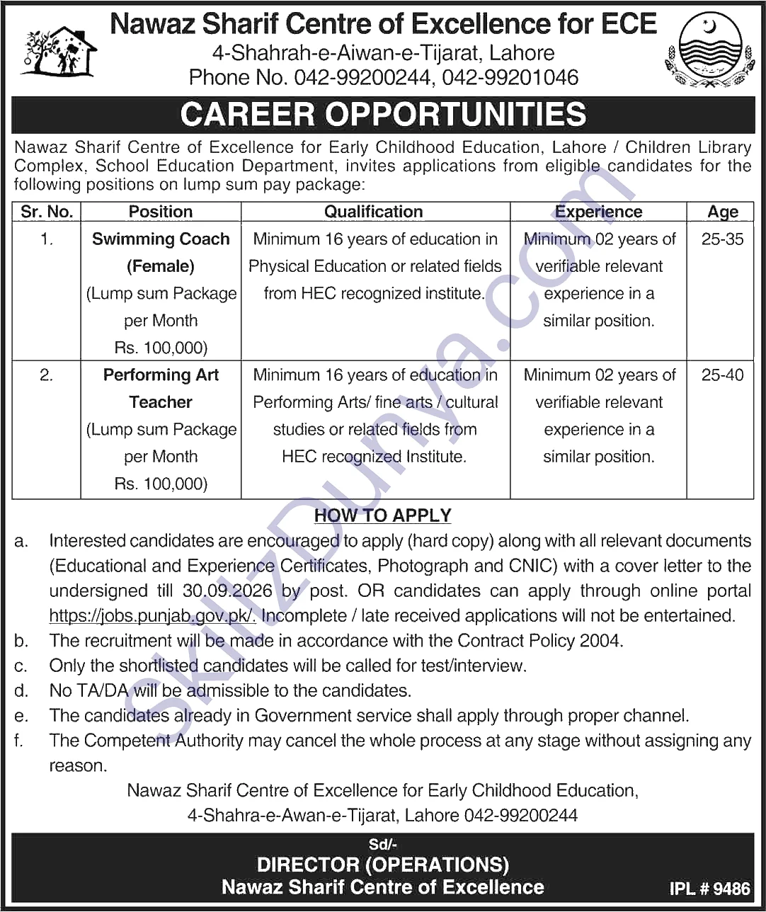 Nawaz Sharif Center of Excellence for ECE Lahore Jobs 2026 — Swimming Coach (Female), Performing Art Teacher — Official Newspaper Advertisement | SkillzDunya