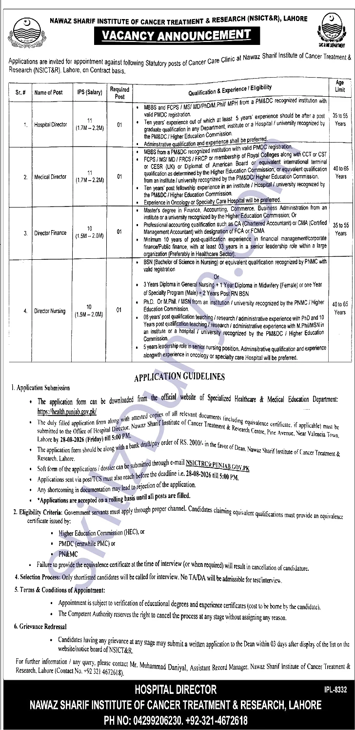 Nawaz Sharif Institute Of Cancer Treatment Research Nsict R Lahore — Nawaz Sharif Institute of Cancer Treatment & Research (NSICT&R) Lahore Jobs 2026 — Hospital Director, Medical Director & 2 More Posts Pakistan