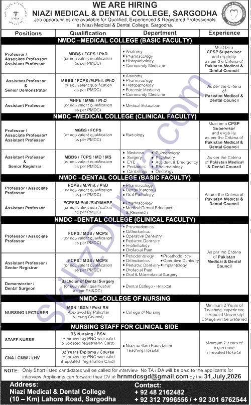 Niazi Medical & Dental College Sargodha Jobs 2026 — Assistant Professor & Senior Registrar, NURSE & 4 More Posts — Official Newspaper Advertisement | SkillzDunya